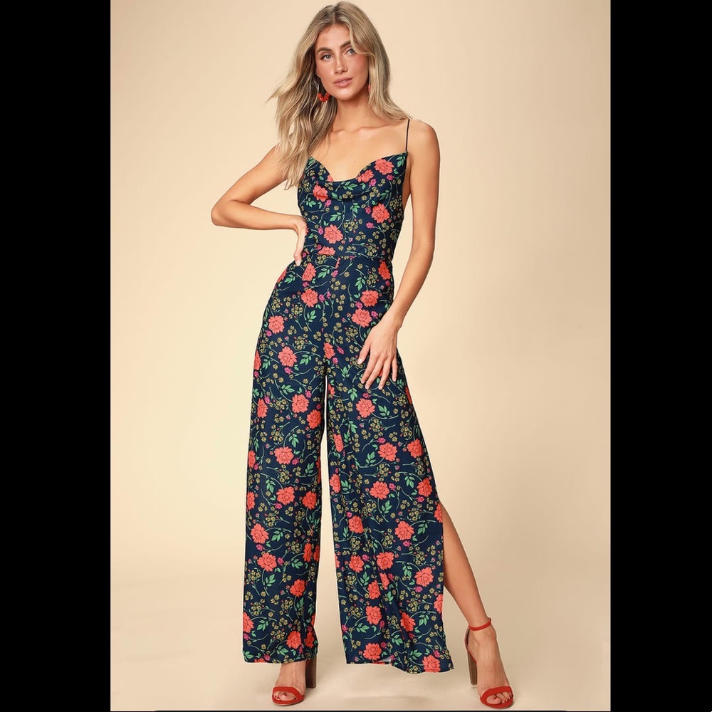 LuLus Hana Navy Floral Print Backless Jumpsuit